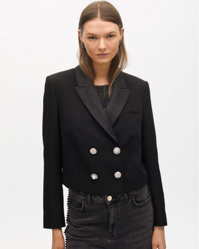 FITTED PLAID PRINT BLAZER WITH ANIMAL PRINT LAPELS