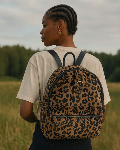 LEOPARD VELVET BROWN BACKPACK