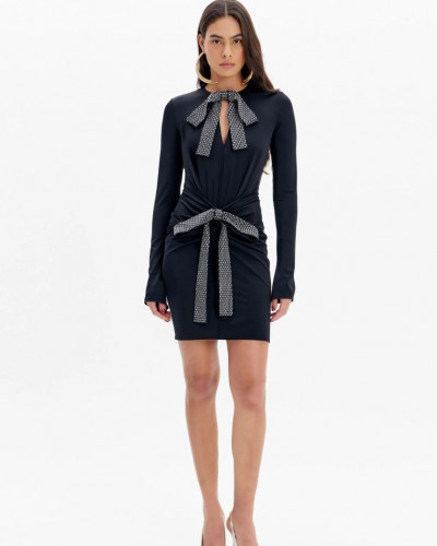 BLACK SHORT DRESS WITH BOW STRASS