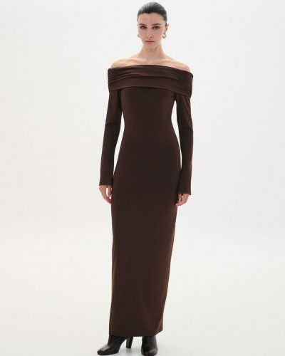 DRESS MAXI OFF SHOULDER BROWN