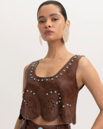 BLOUSE CROP BROWN LEATHER WITH DETAILS