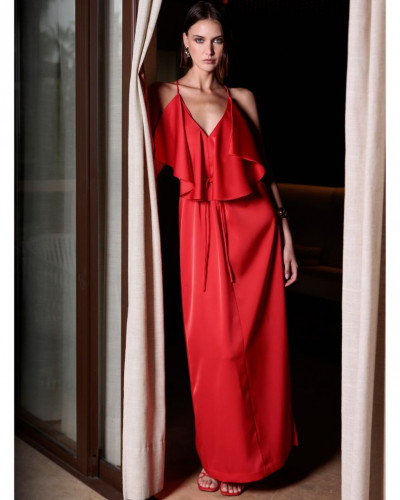 RED RUFFLED V-NECK DRESS
