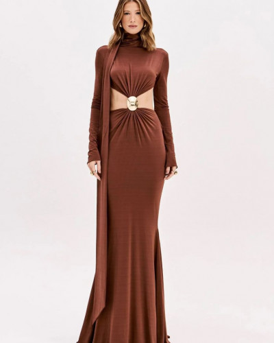 BROWN LONG DRESS OPEN BACK